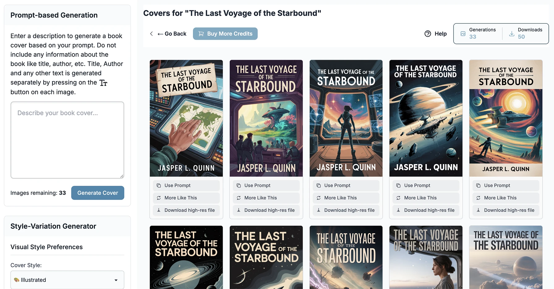 BeYourCover app interface showing the book cover generation process