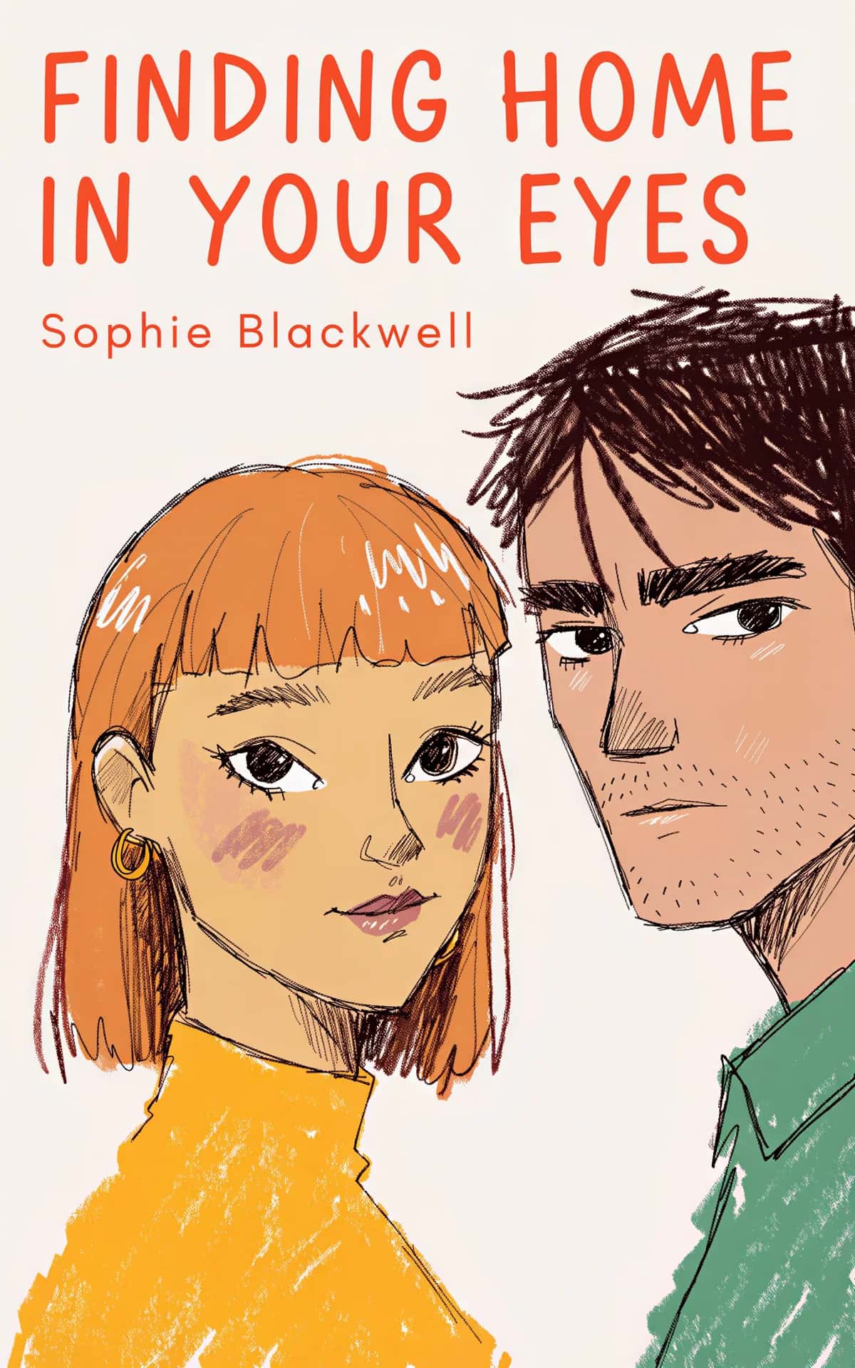 AI book cover generator contemporary romance painterly: illustration of two young people with orange-haired woman in yellow shirt and dark-haired man in green shirt facing each other for "Finding Home in Your Eyes".