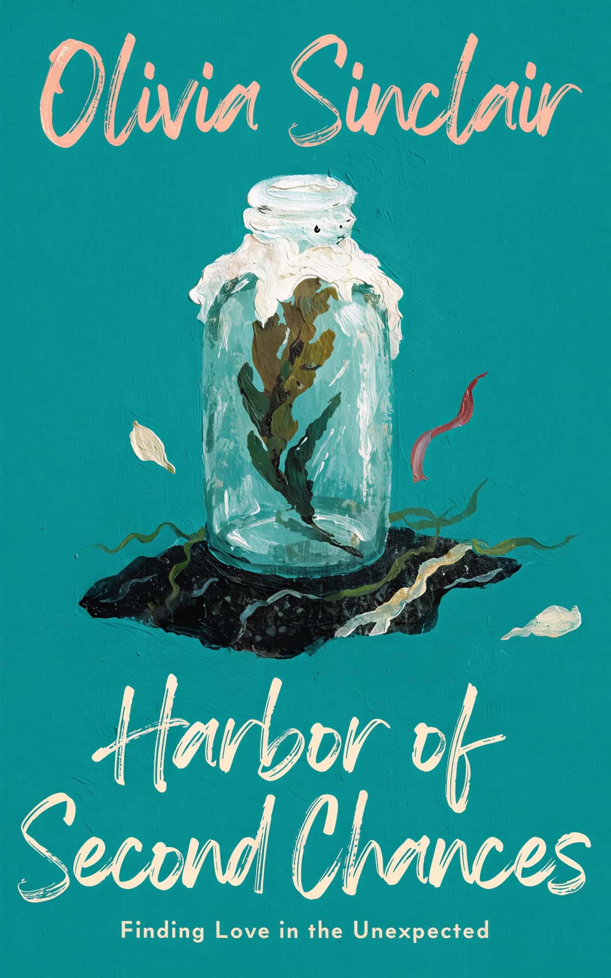 AI book cover generator romance contemporary painted object color field: glass jar with preserved plant on dark soil against turquoise background for "Harbor of Second Chances".