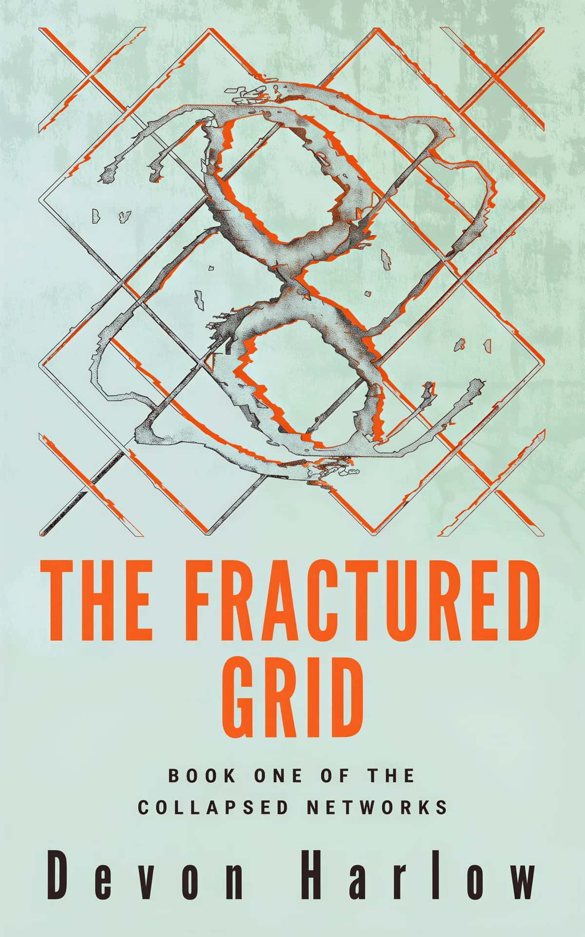 AI book cover generator science fiction dystopian-symbol: fractured geometric grid with fragmented map and orange warning lines on pale background for "The Fractured Grid".
