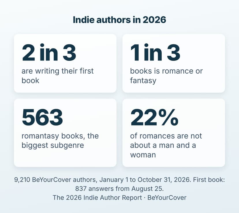 Indie authors in 2026: 2 in 3 are writing their first book, 1 in 3 books is romance or fantasy, romantasy is the biggest subgenre with 563 books, and 22% of romances are not about a man and a woman