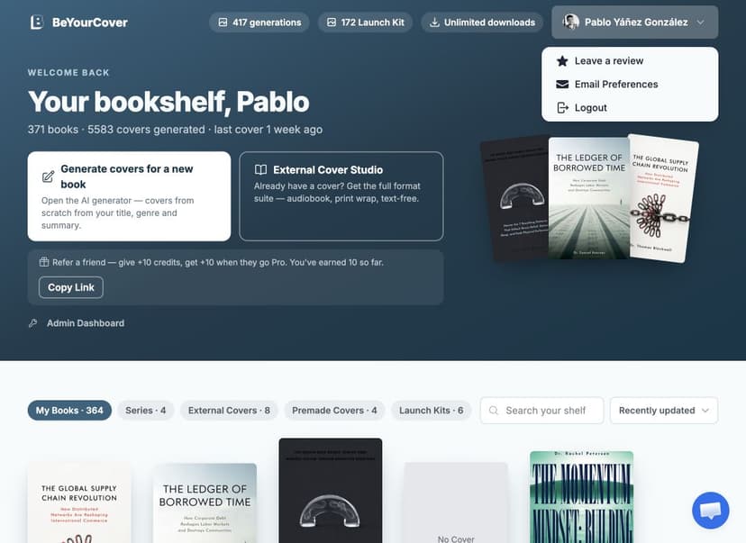 Dashboard account menu with profile, review, email preferences, and sign-out controls