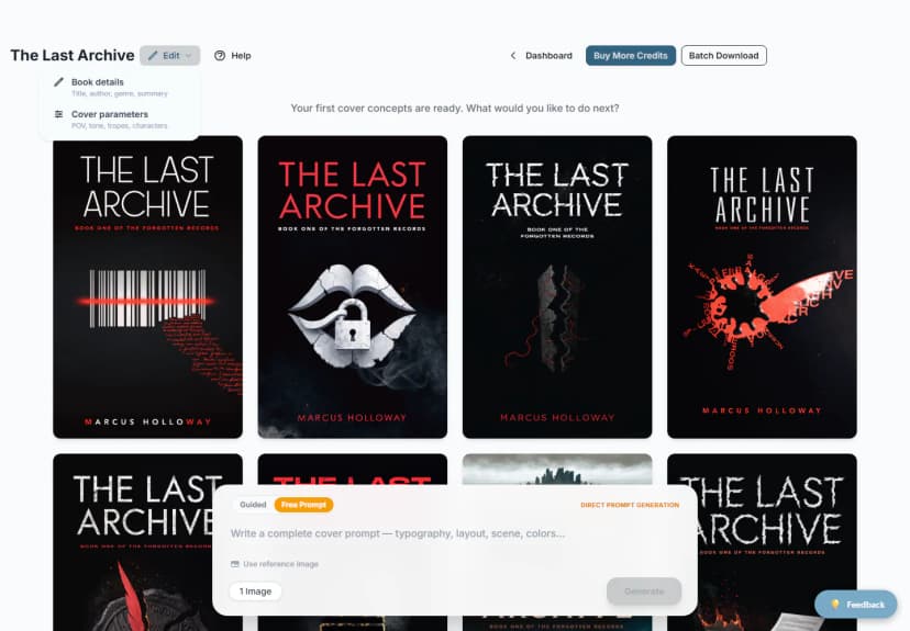Edit menu with Book details and Cover parameters