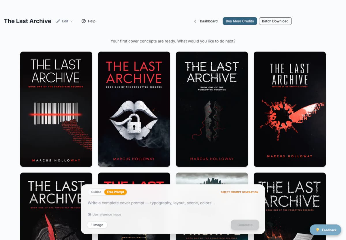 AI book cover workspace with several generated cover concepts and editing controls