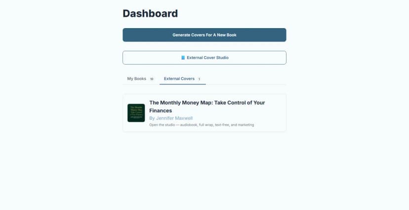 Dashboard External Covers tab with an uploaded cover project