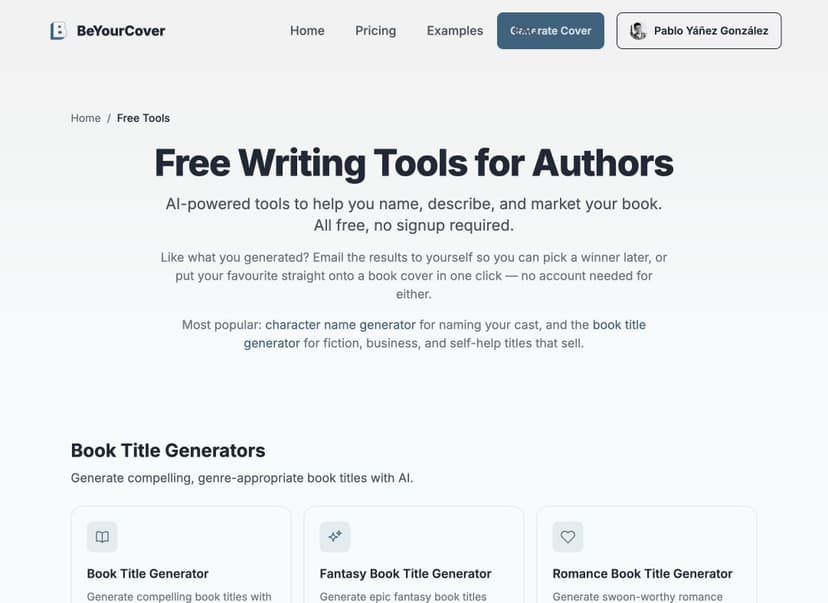 Free Writing Tools catalog with author-focused title, blurb, and naming generators