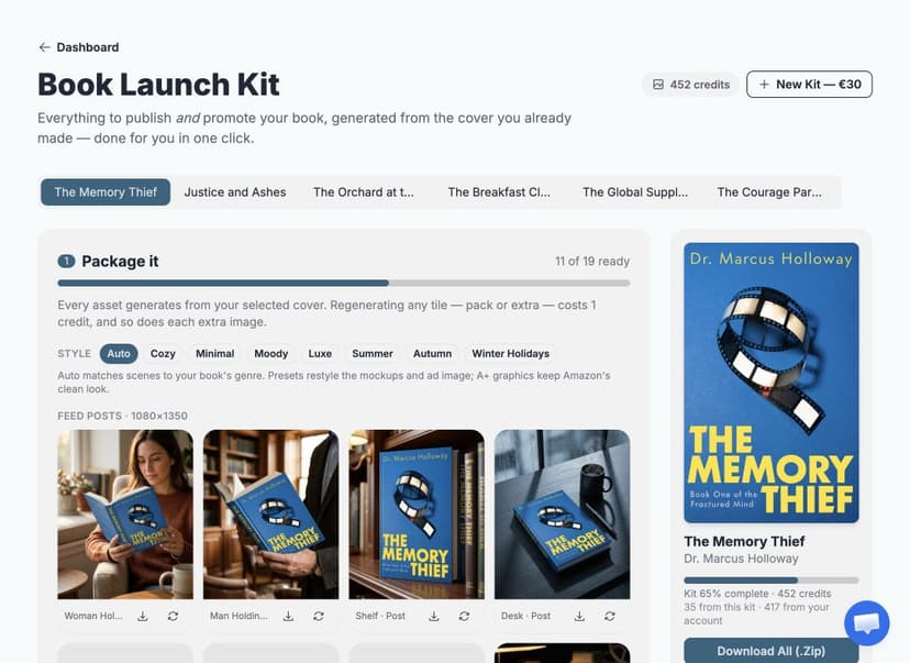 Launch Kit workspace showing the Package it stage, visual-style presets, and generated-asset slots