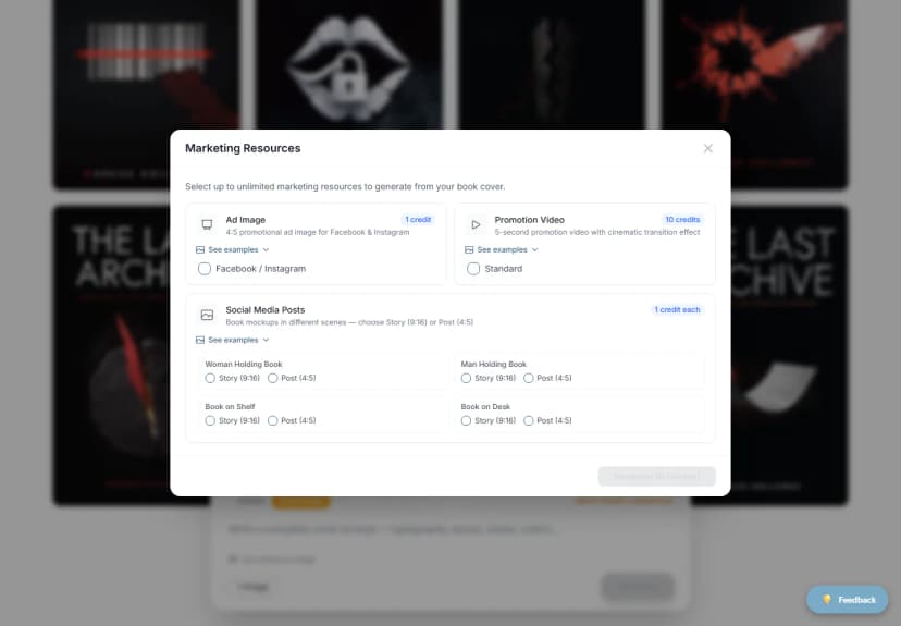 Marketing Resources window with ad, video, Story, and Post options