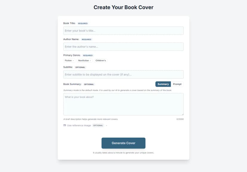 Desktop new-book Generator with title, author, genre, subtitle, and summary fields