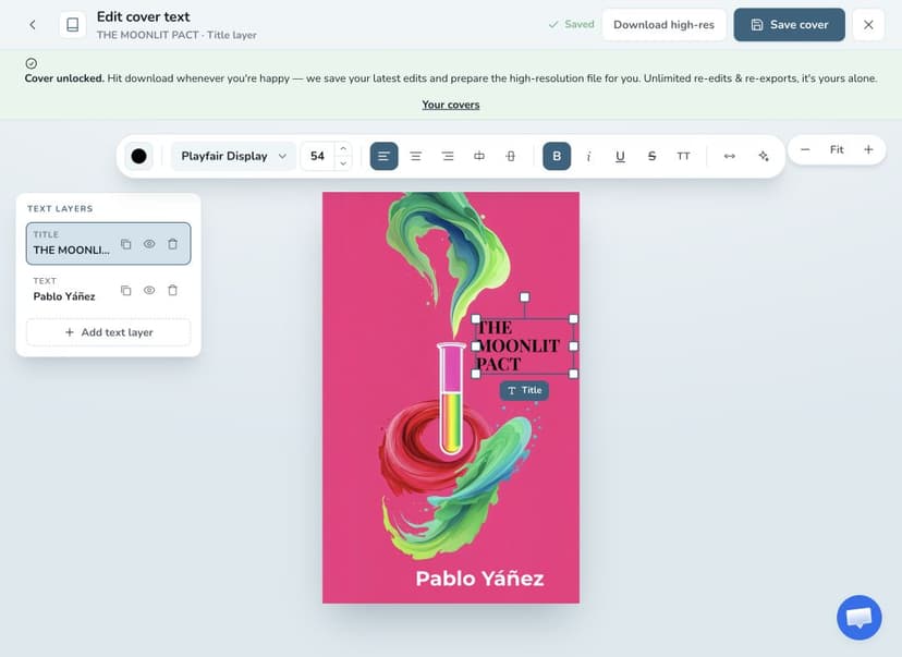Premade-cover text editor with layer selection, font controls, and text-positioning tools