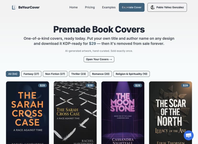 Premade marketplace with genre filters and one-of-one cover cards