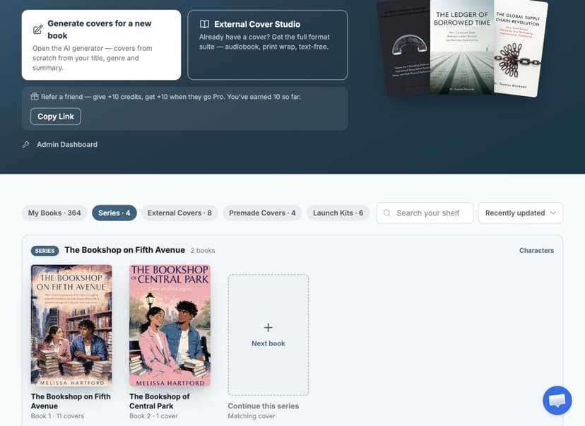 Dashboard Series tab showing books in reading order, Character Sheet controls, and a Next book tile