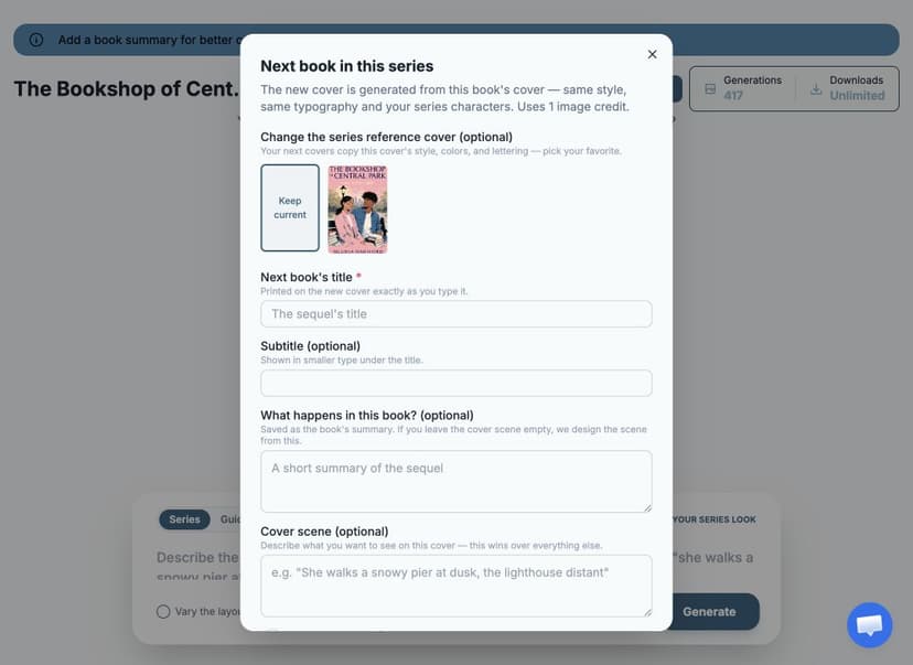 Series-mode generator bar for a next book, with the scene field and Vary the layout option
