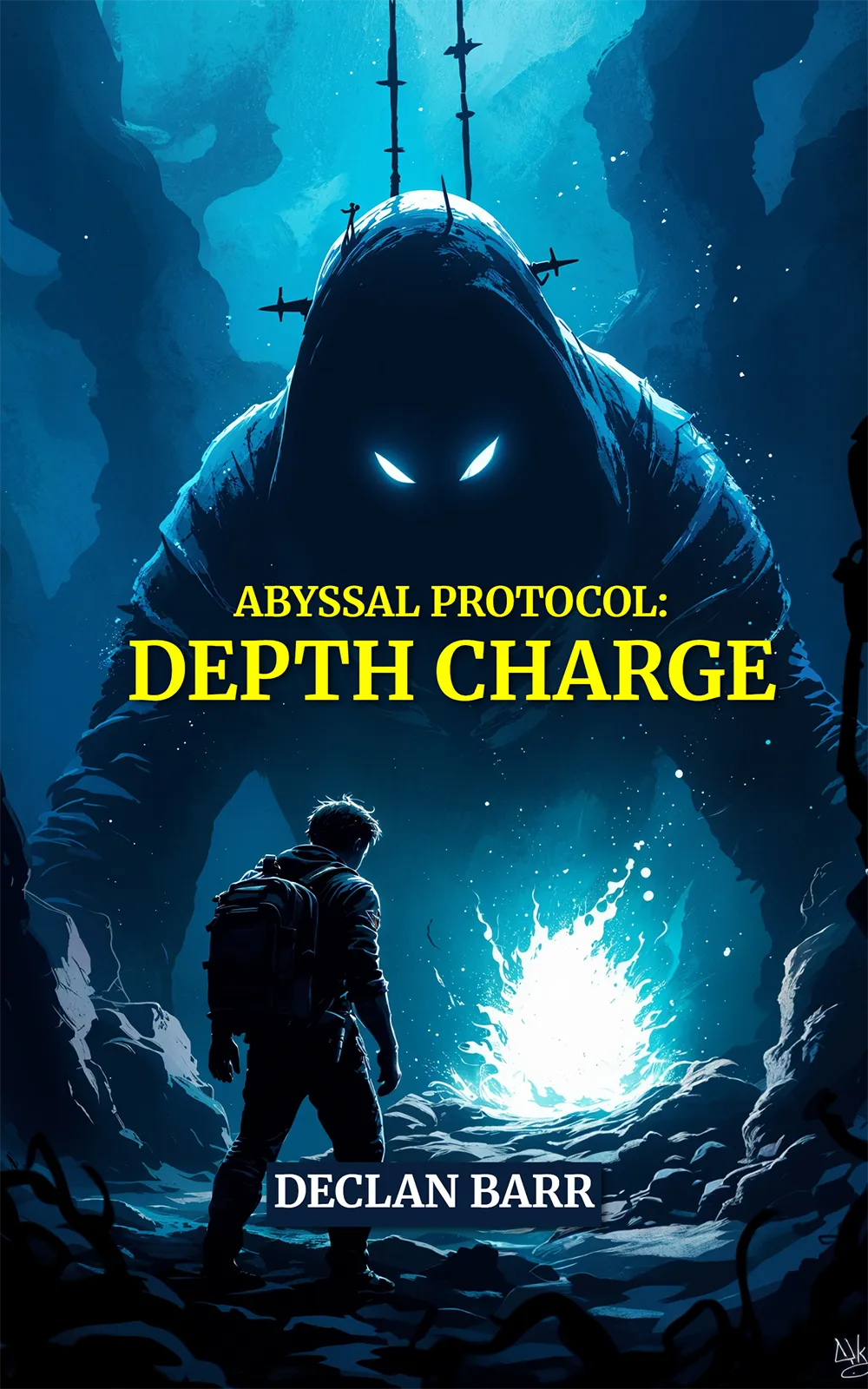 Dark adventure cover from an AI book cover generator – diver faces a hulking sea monster in "Abyssal Protocol: Depth Charge".