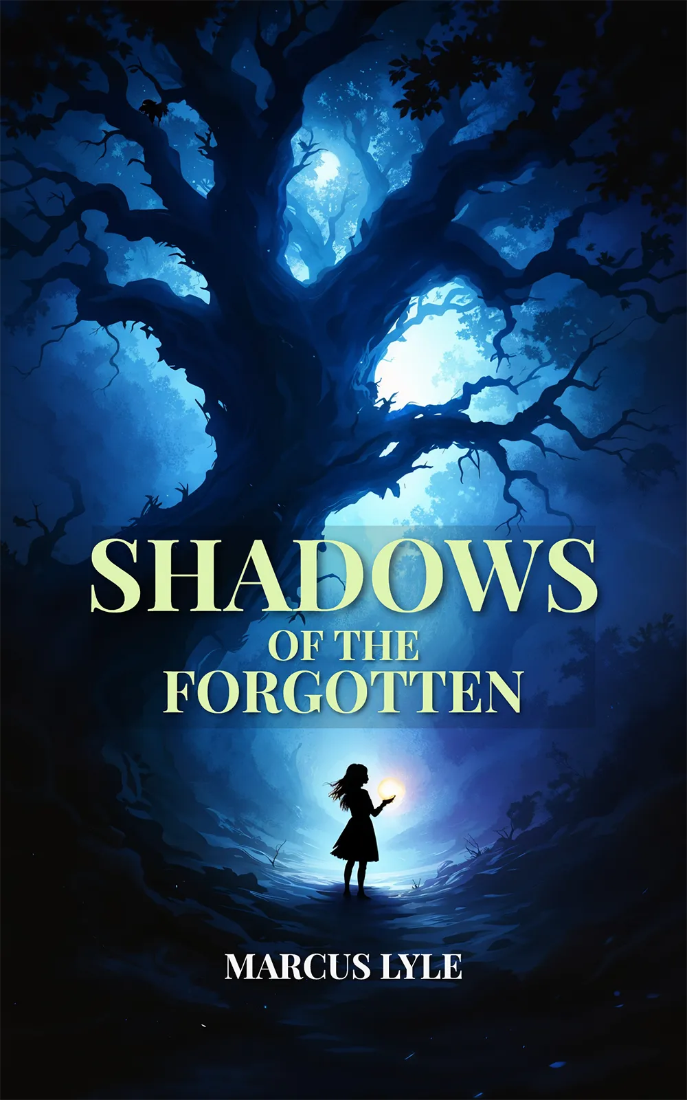 AI book cover generator sample of "Shadows of the Forgotten" – a lone girl with a glowing orb under an ancient, moonlit tree.