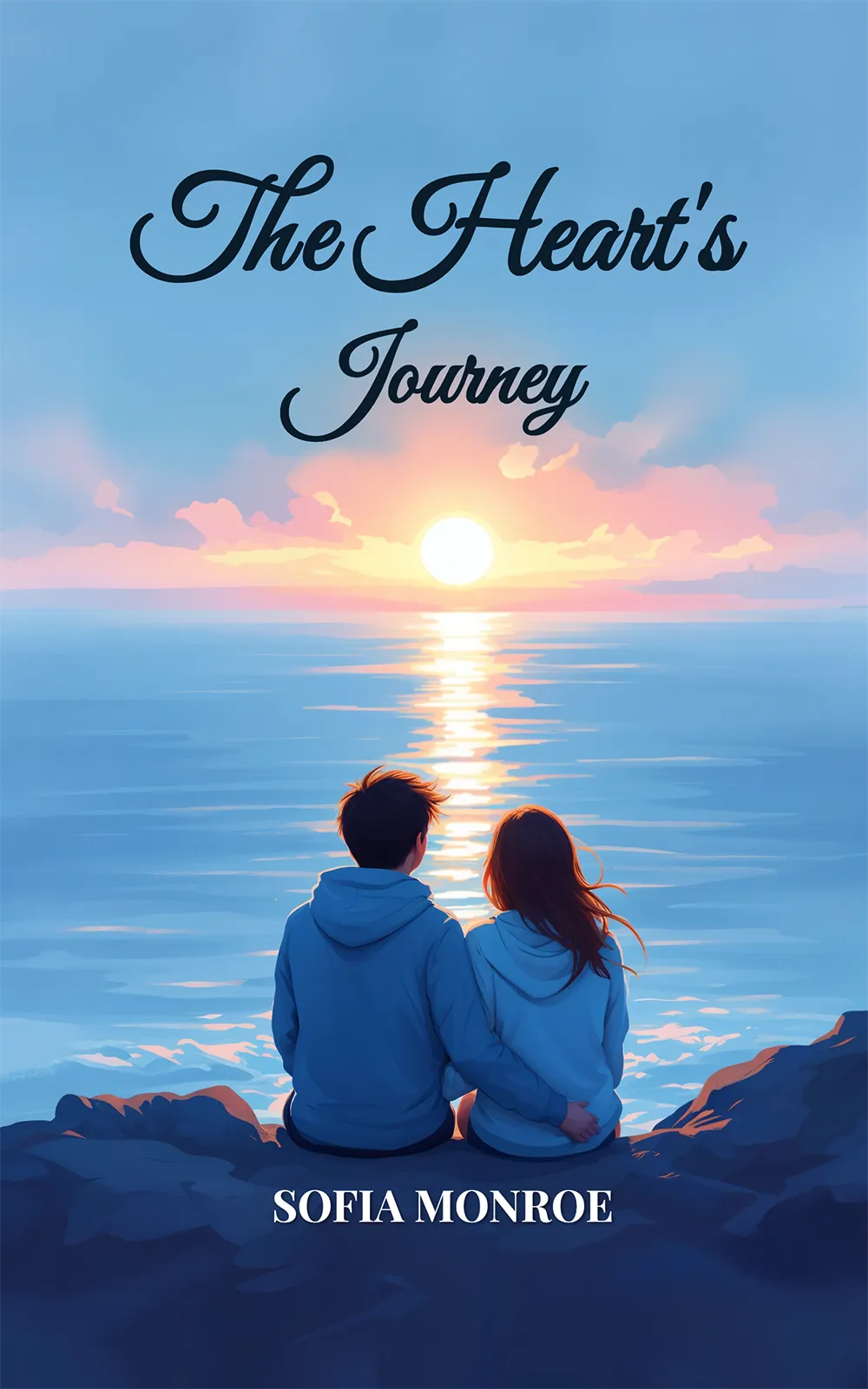 Romantic sunset scene created with an AI book cover generator for "The Heart's Journey", featuring a couple by the sea.