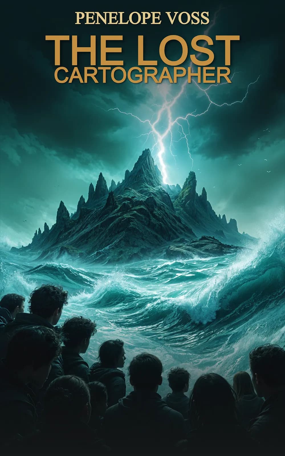 AI book cover generator sample: storm-lashed island and towering waves on adventure novel "The Lost Cartographer".