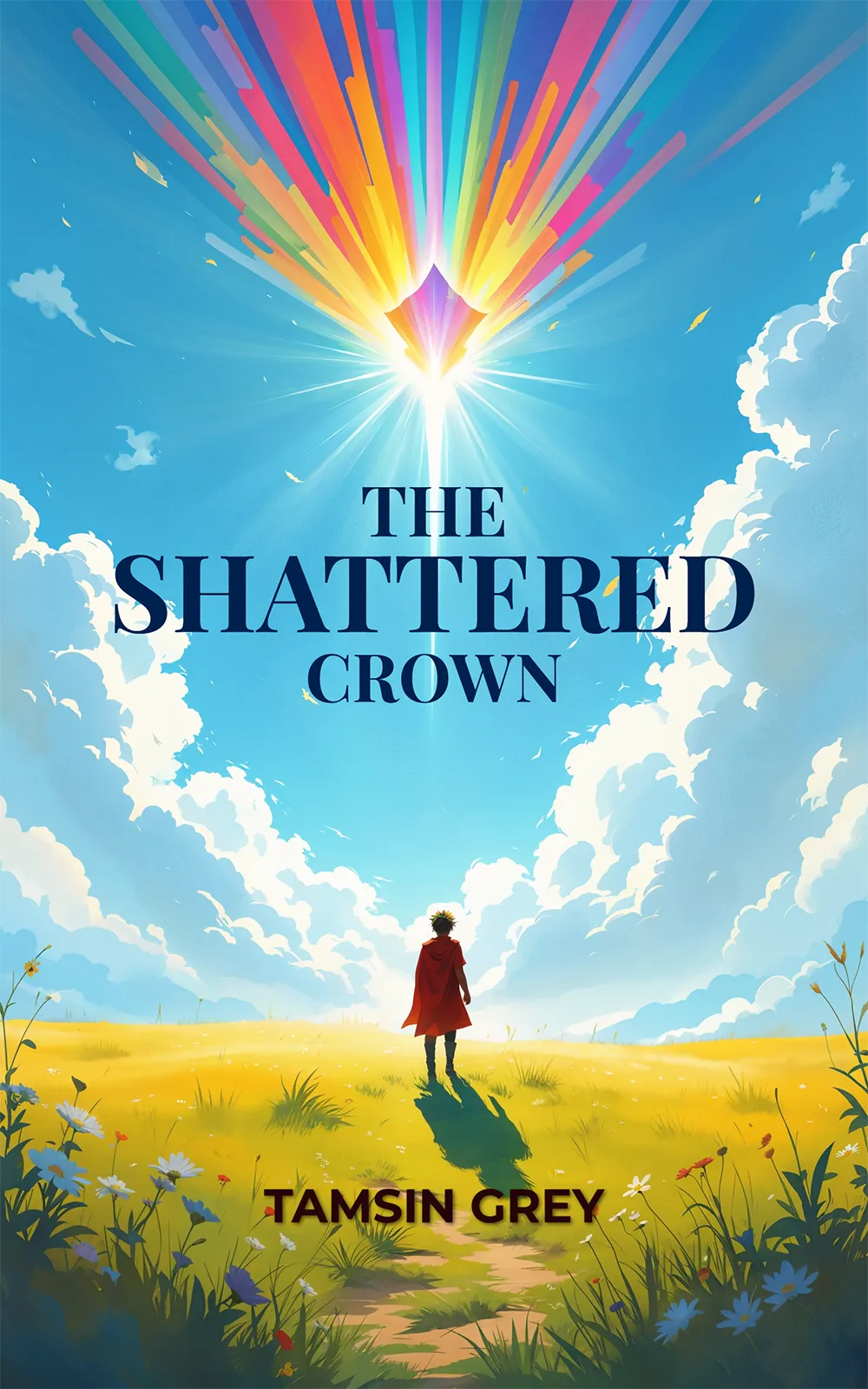 Fantasy cover from our AI book cover generator: hero on a sunny meadow gazes at a rainbow-shard sky in "The Shattered Crown".