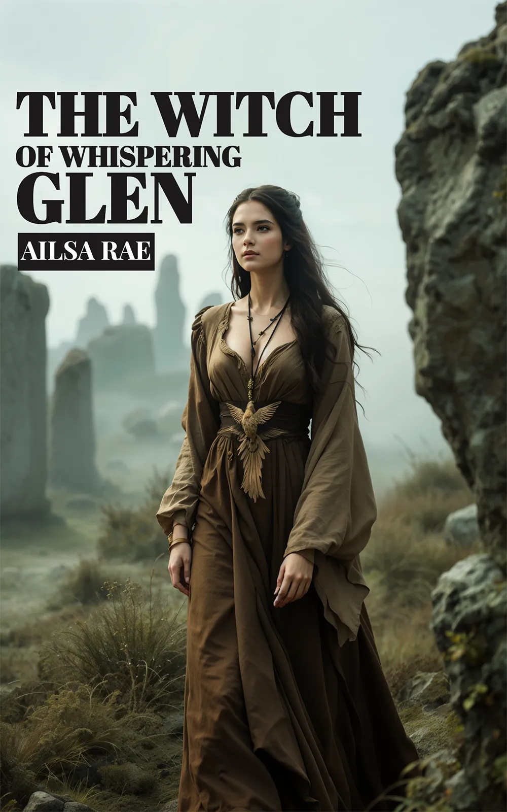 Photographic style AI book cover generator example for "The Witch of Whispering Glen", showing the heroine amid standing stones.