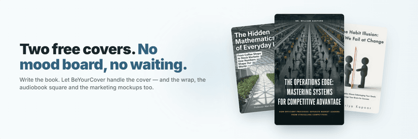 BeYourCover marketing banner showing a nonfiction cover used across launch-ready promotional assets.