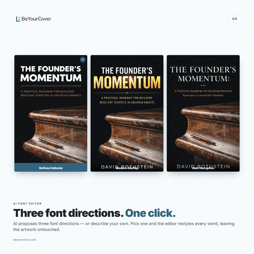 BeYourCover AI font editor showing typography restyle options for a book cover.