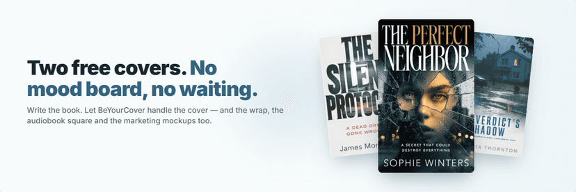 BeYourCover marketing banner showing a thriller cover used across launch-ready promotional assets.