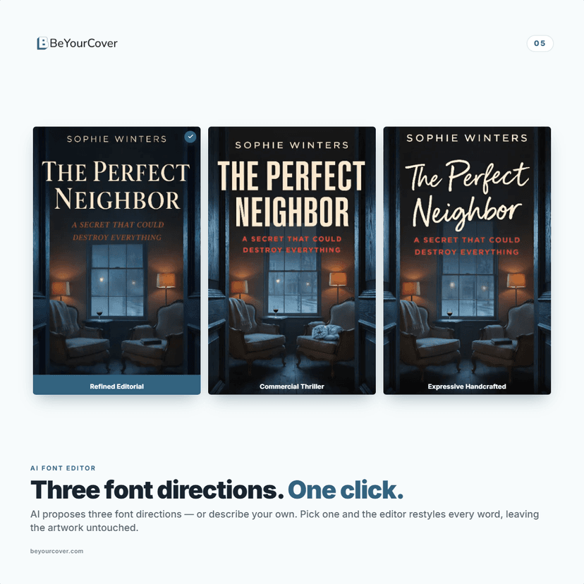 BeYourCover AI font editor showing typography restyle options for a book cover.