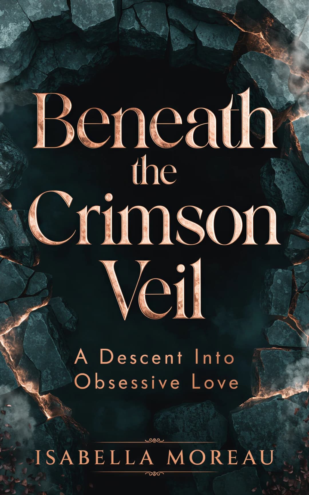 AI book cover generator dark romance bold type atmosphere: cracked stone texture with glowing crimson cracks and copper serif typography for "Beneath the Crimson Veil".