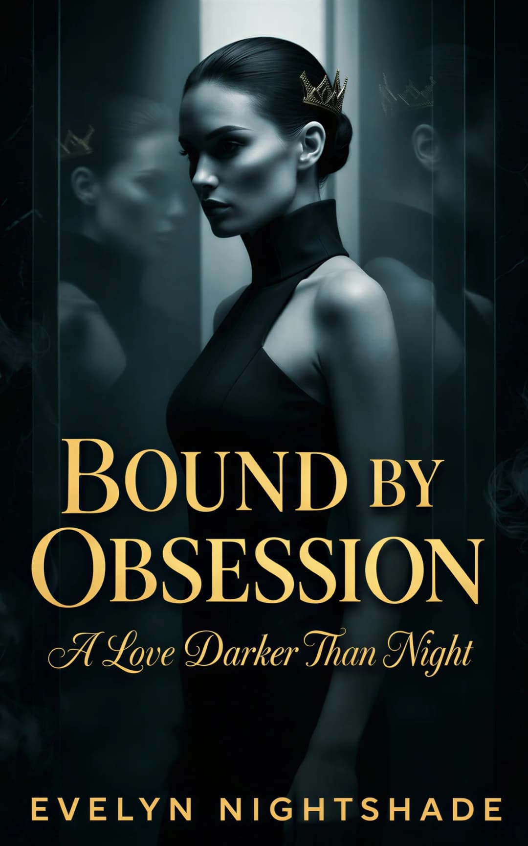 AI book cover generator dark romance siren portrait: elegant woman in black with gold crown against moody atmospheric background for "Bound by Obsession"