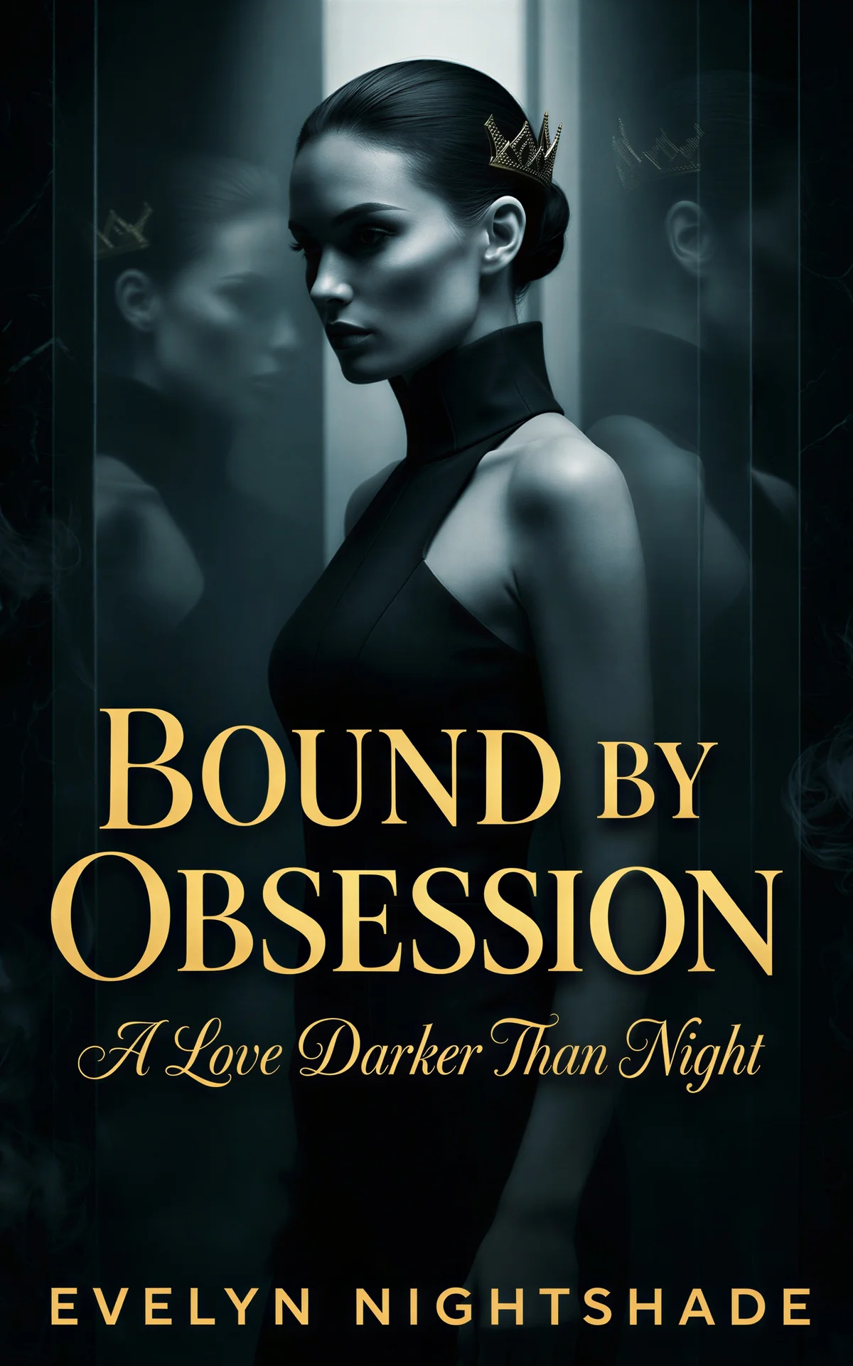 AI book cover generator dark romance siren portrait: elegant woman in black with gold crown against moody atmospheric background for "Bound by Obsession"