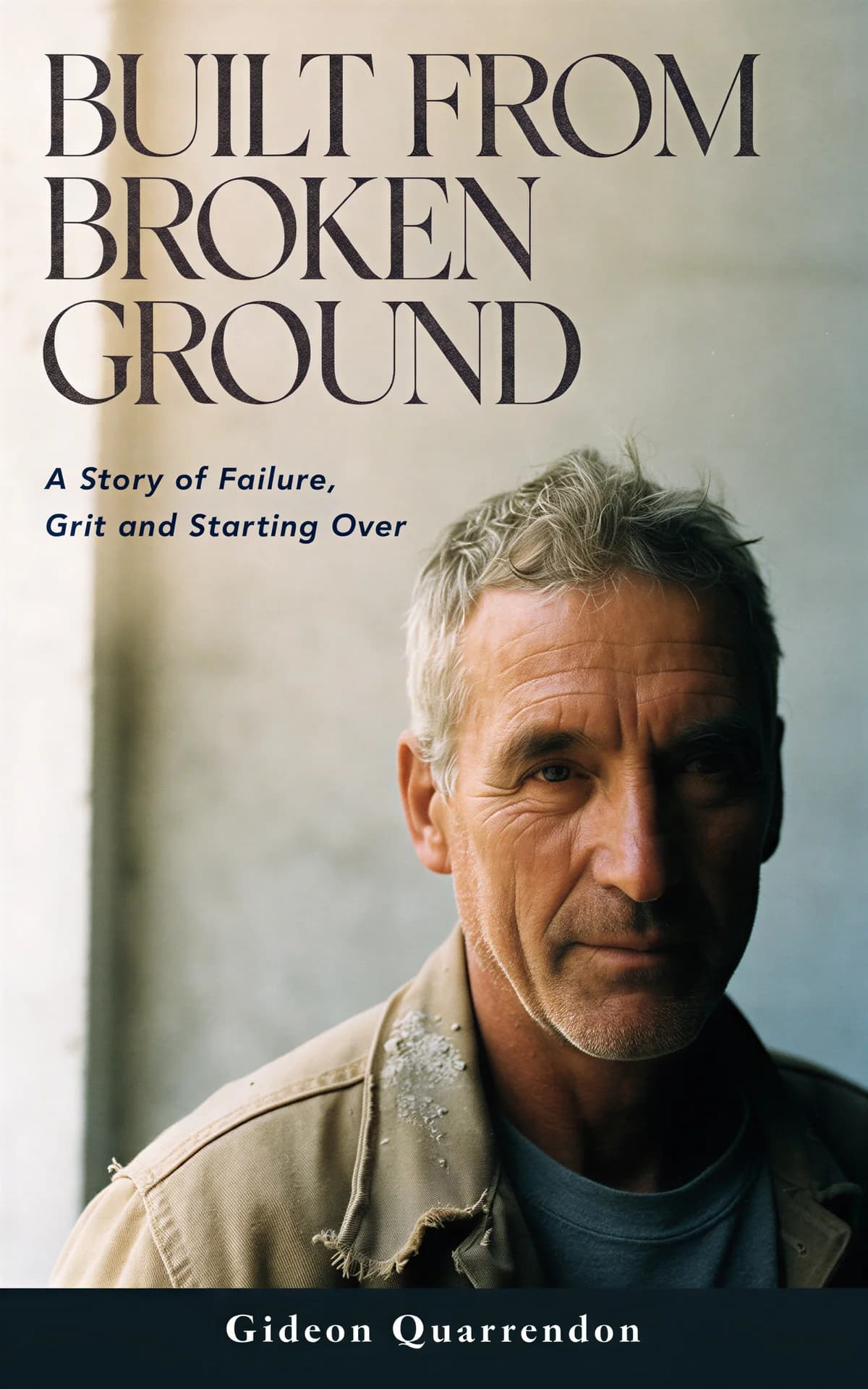 AI book cover generator memoir photoreal: documentary portrait of a weathered worker for "Built From Broken Ground".