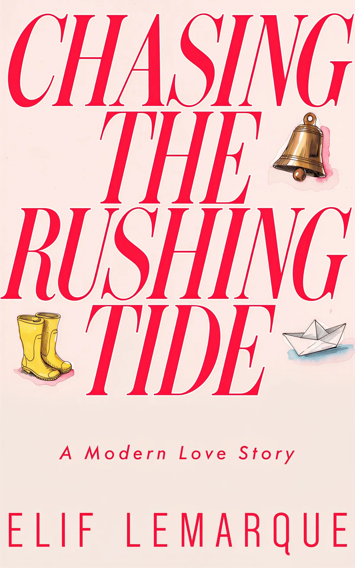 AI book cover generator romance illustration: large red typography and small illustrated objects like boots and a bell for "Chasing the Rushing Tide".