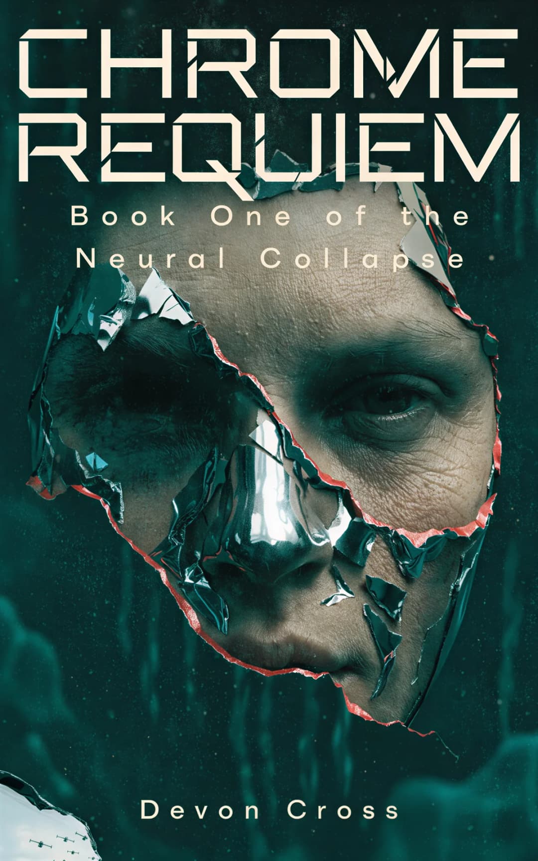 AI book cover generator science fiction cyberpunk-neon: fragmented human face with glowing red cracks and digital distortion effect for "Chrome Requiem".