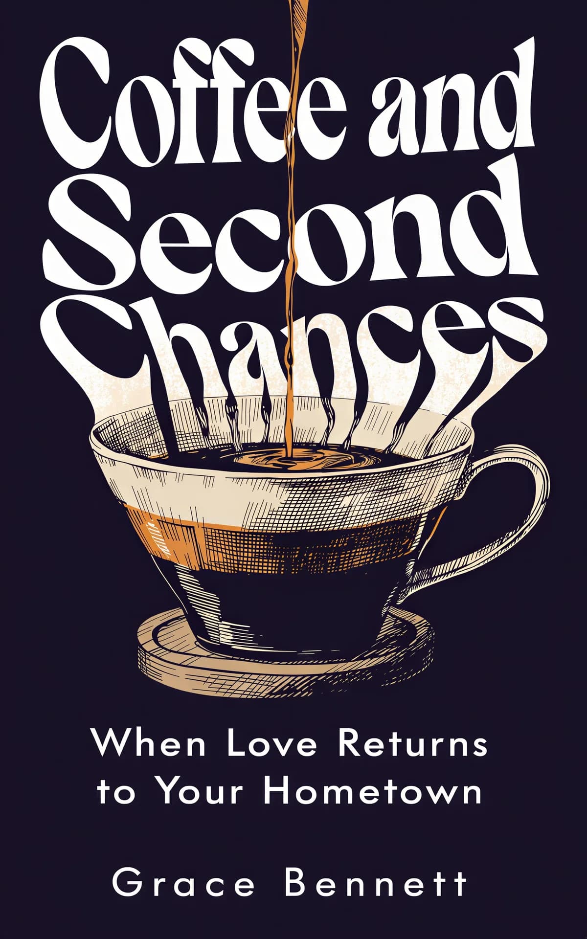 AI book cover generator contemporary romance discreet object: coffee pouring into elegant cup with flowing text overlay for "Coffee and Second Chances".
