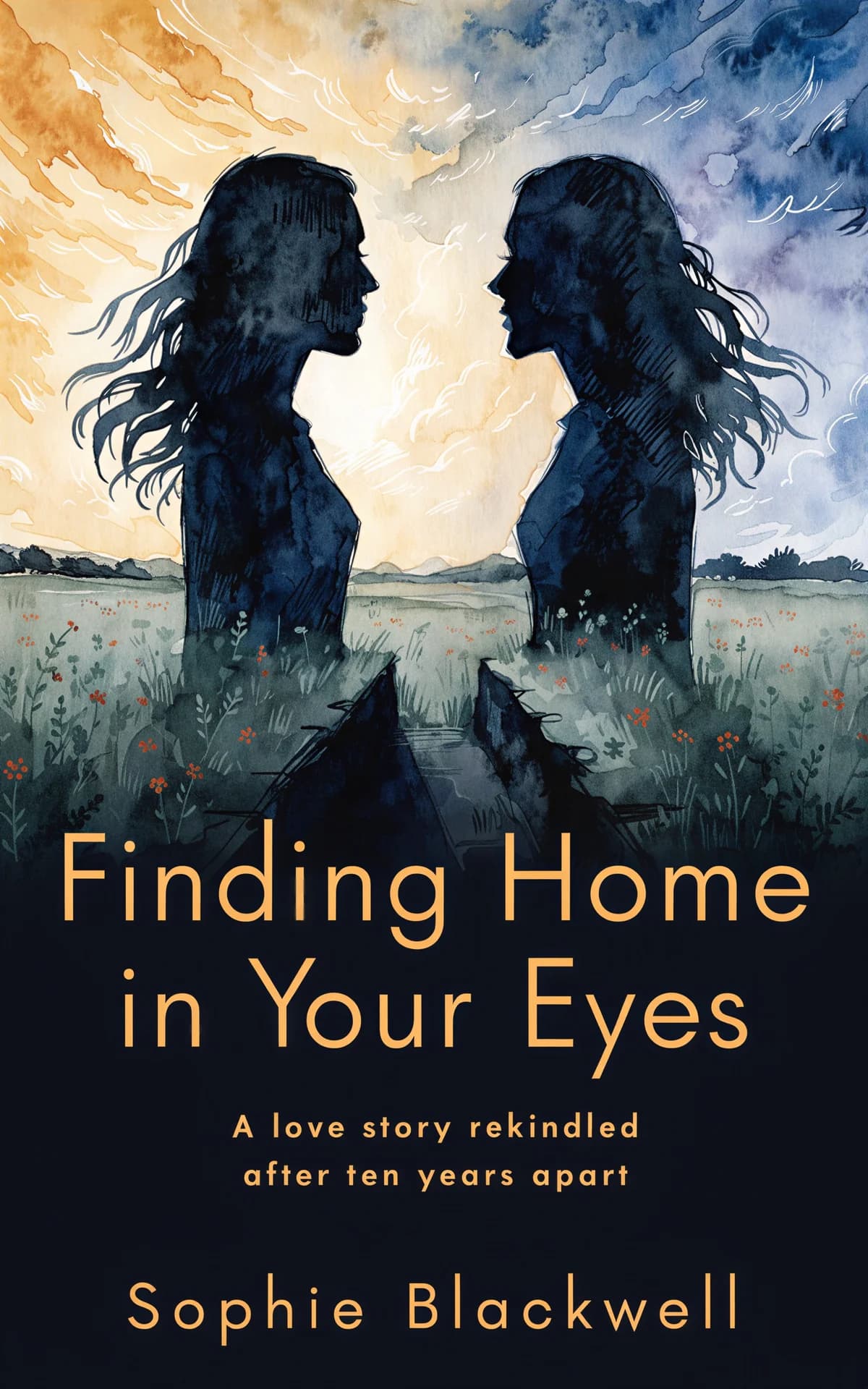 AI book cover generator romance contemporary silhouette landscape: two women silhouettes facing each other in a wildflower field under contrasting warm and cool skies for "Finding Home in Your Eyes".
