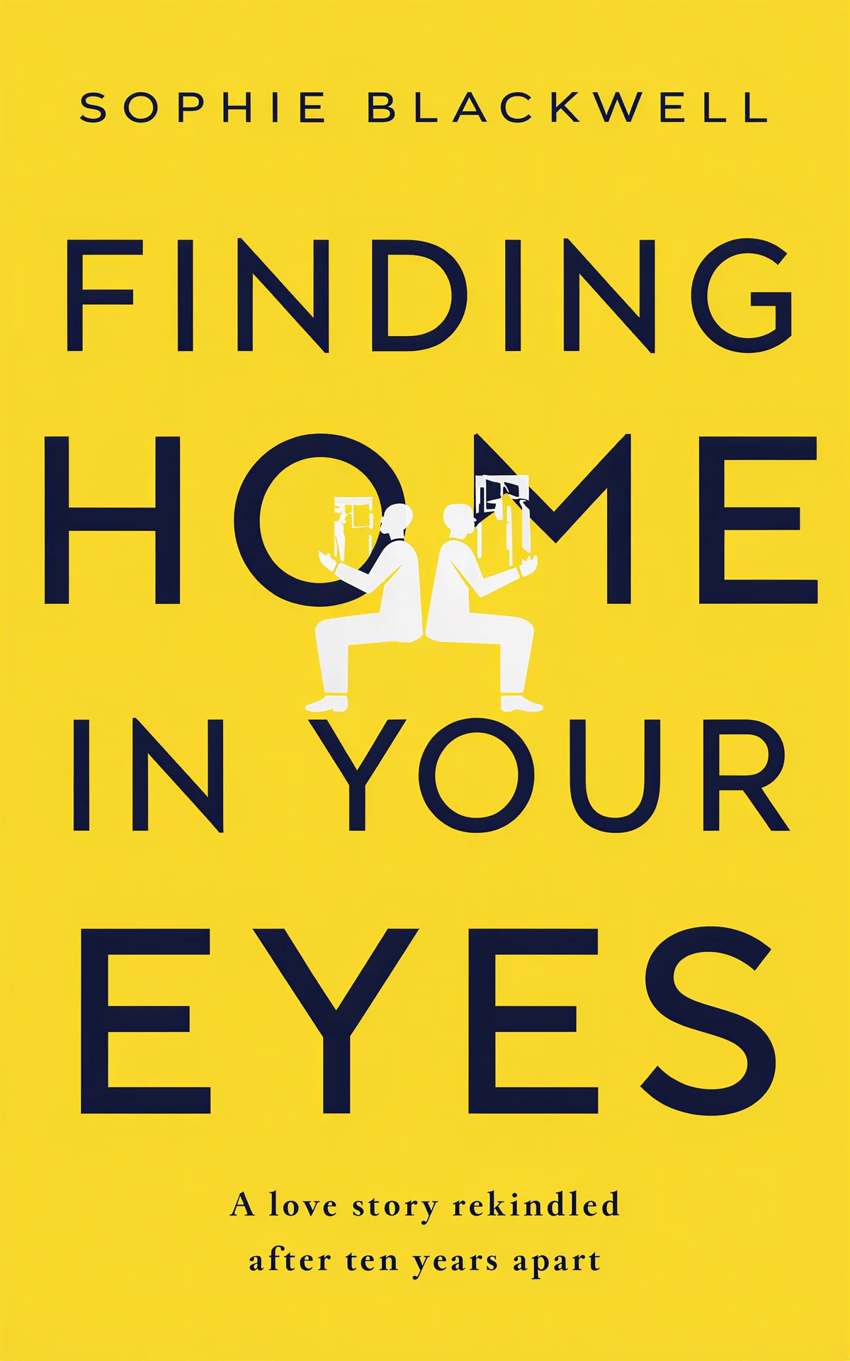 AI book cover generator romance big-type-tiny-figures: two white silhouettes holding house shapes on bright yellow background for 'Finding Home in Your Eyes'.