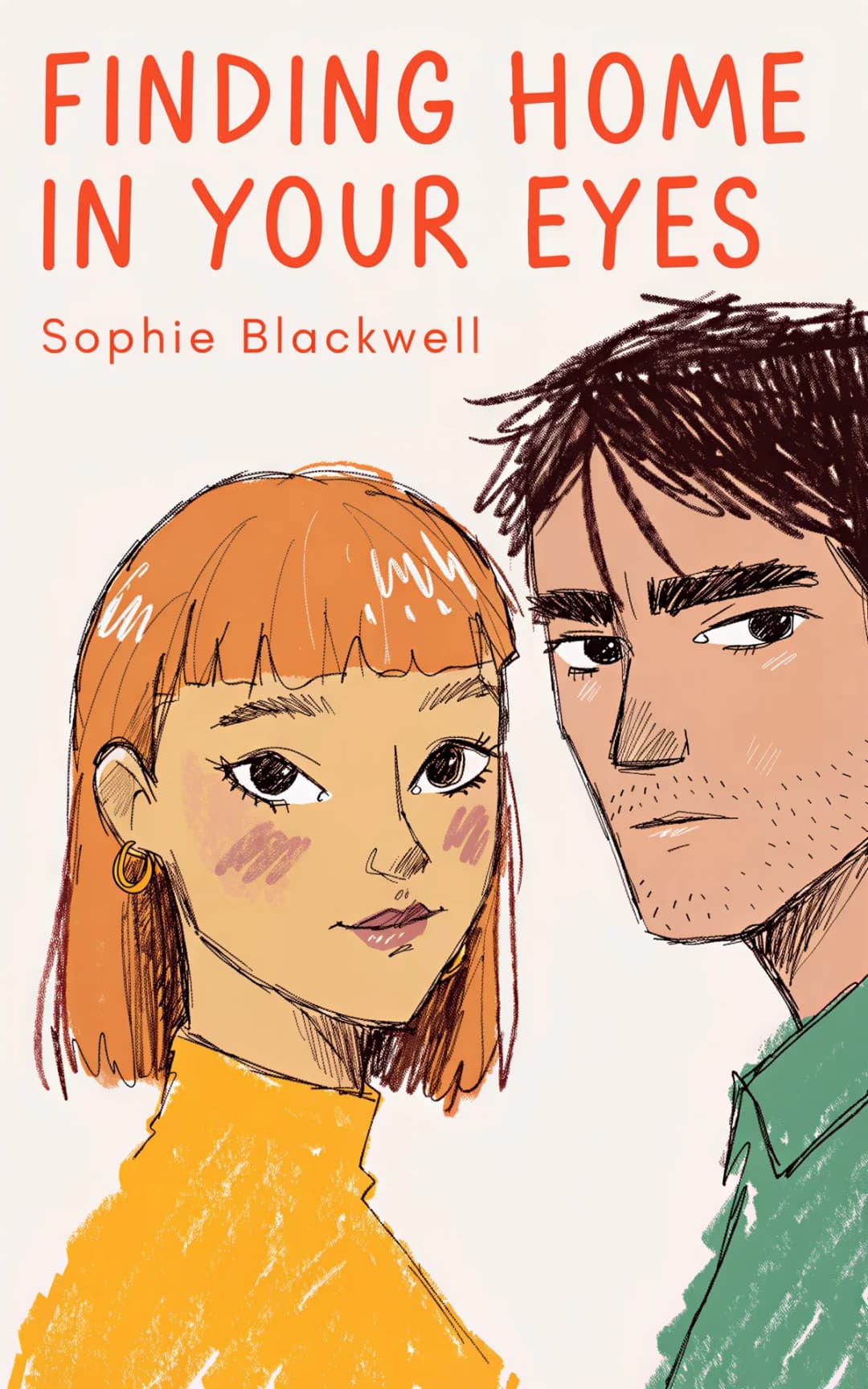 AI book cover generator contemporary romance painterly: illustration of two young people with orange-haired woman in yellow shirt and dark-haired man in green shirt facing each other for "Finding Home in Your Eyes".