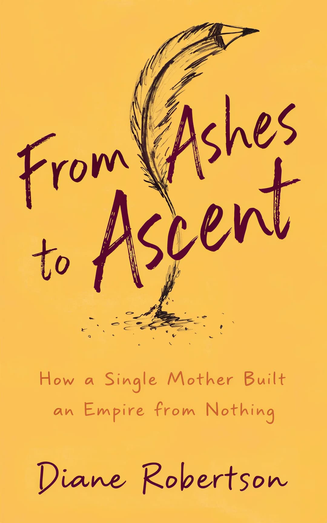 AI book cover generator biography illustrated motif: golden feather rising from ashes with scattered particles for 'From Ashes to Ascent'.