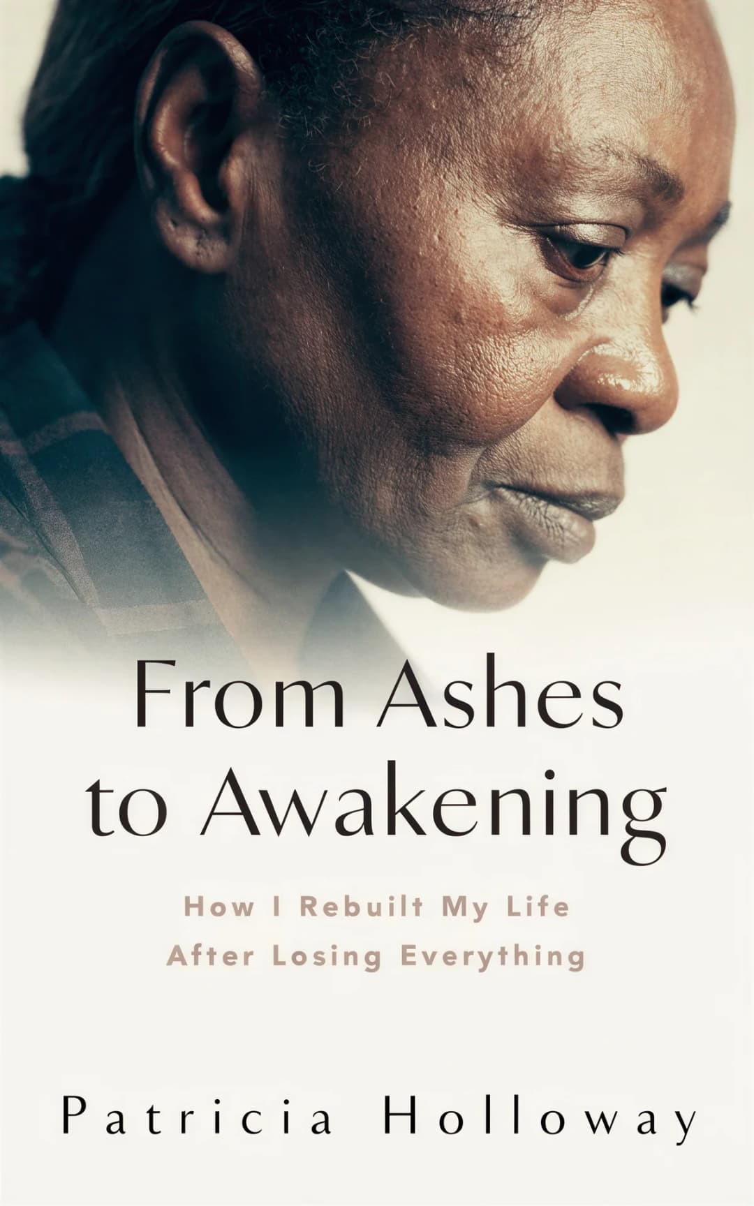 AI book cover generator biography photo portrait: contemplative headshot of mature man in profile with soft lighting for 'From Ashes to Awakening'.