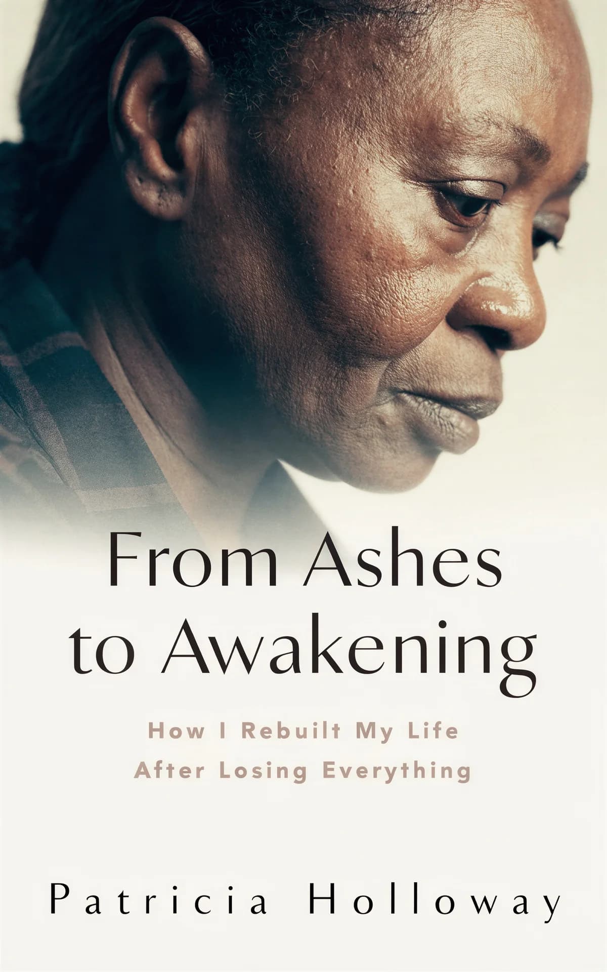 AI book cover generator biography photo portrait: contemplative headshot of mature man in profile with soft lighting for 'From Ashes to Awakening'.