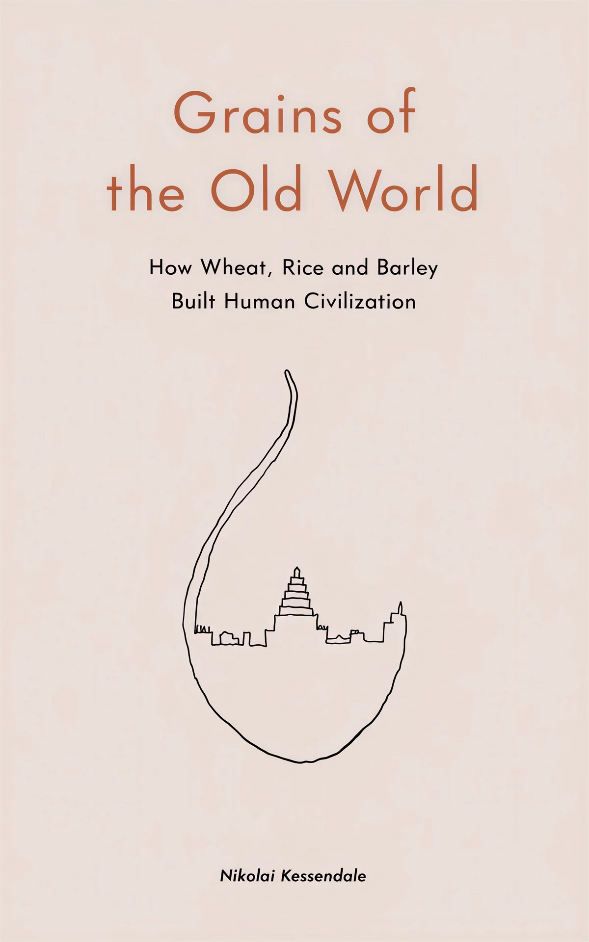 AI book cover generator non-fiction minimal: a line-art grain seed enclosing an ancient city for "Grains of the Old World".