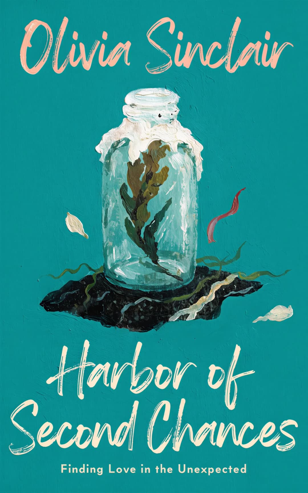 AI book cover generator romance contemporary painted object color field: glass jar with preserved plant on dark soil against turquoise background for "Harbor of Second Chances".