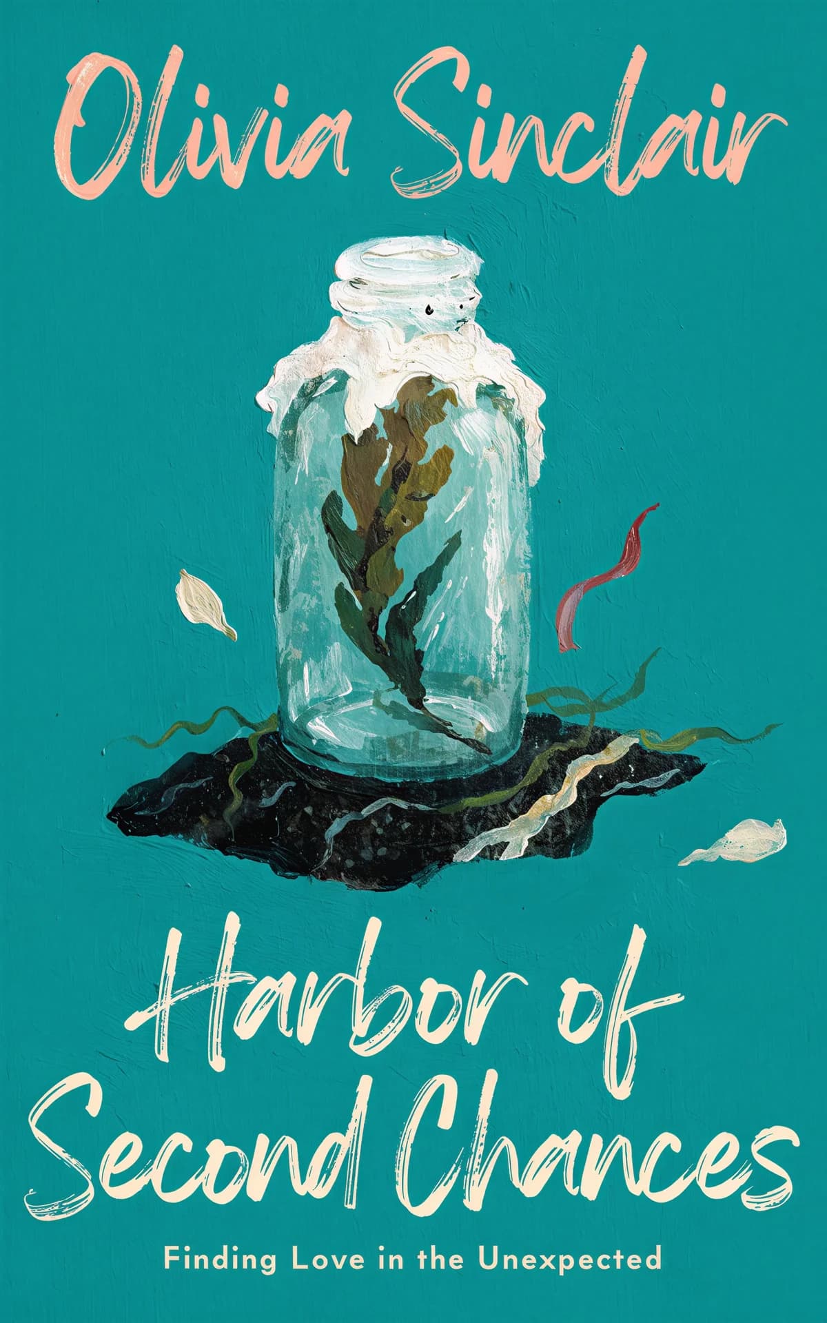 AI book cover generator romance contemporary painted object color field: glass jar with preserved plant on dark soil against turquoise background for "Harbor of Second Chances".