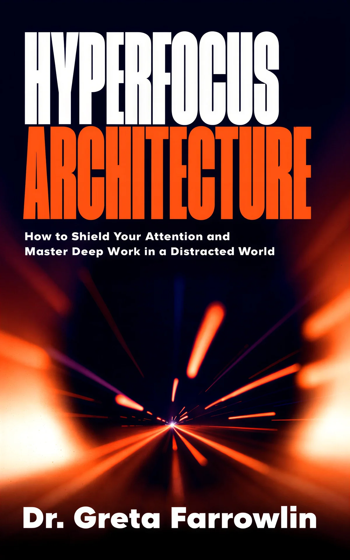 AI book cover generator self-help typography: glowing motion blur tunnel for "Hyperfocus Architecture".