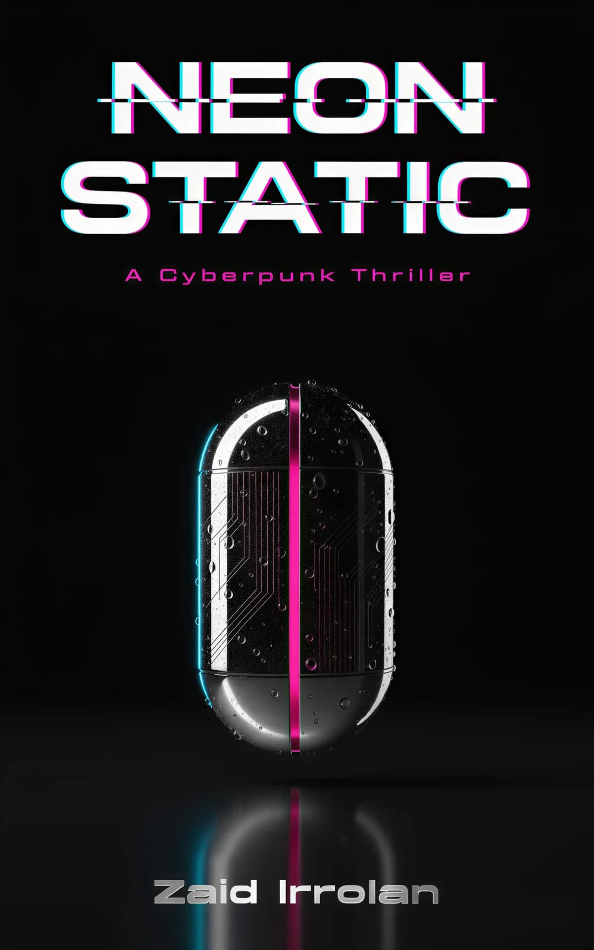 AI book cover generator sci-fi photoreal: a chrome memory core with magenta glow and water drops for "Neon Static".