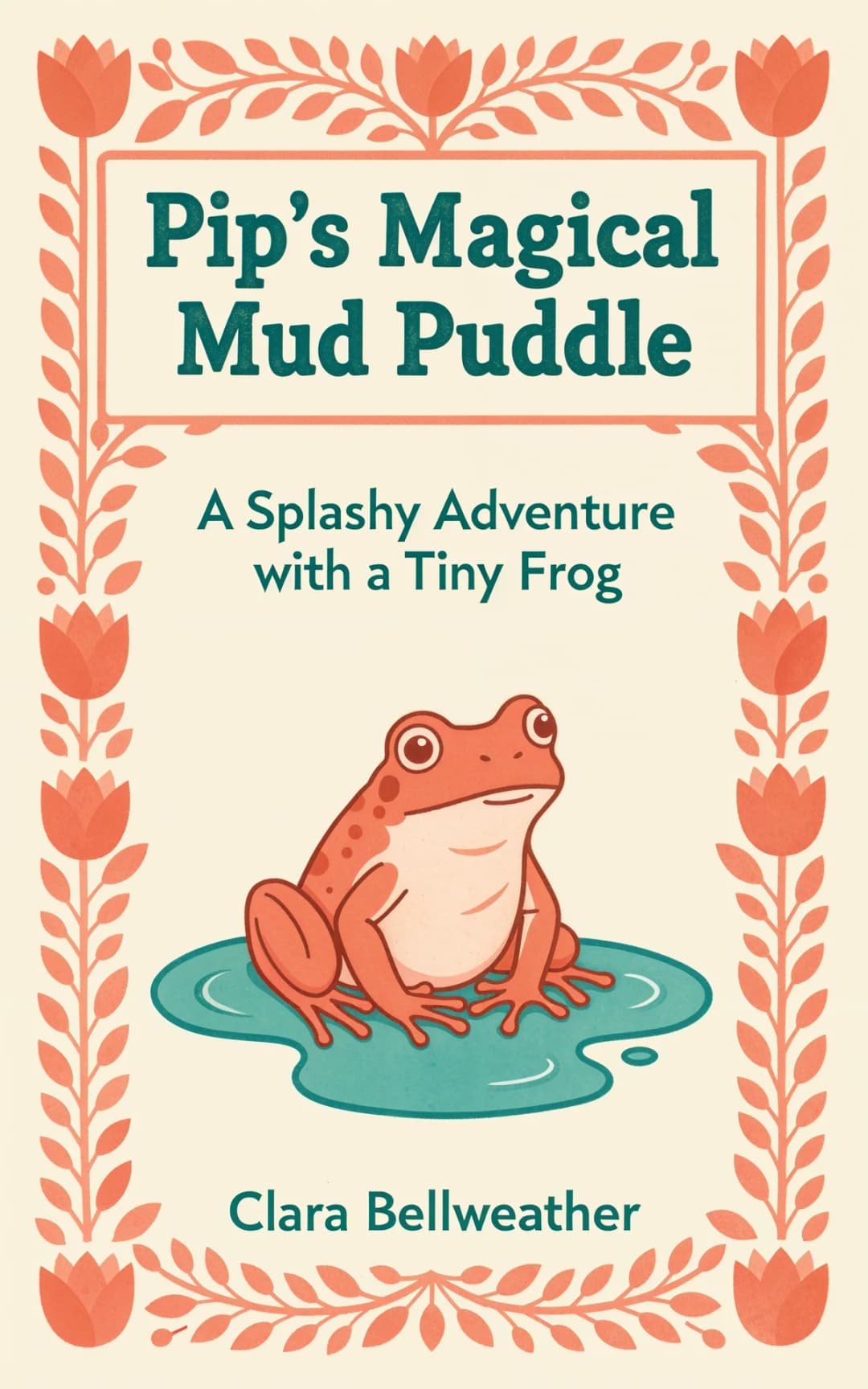 AI book cover generator children's whimsical-folk: cute orange-red frog sitting on teal lily pad with floral border for "Pip's Magical Mud Puddle".