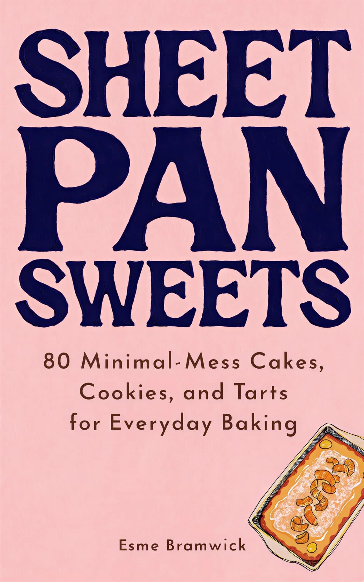AI book cover generator cookbook typography: bold blue title text and a small illustration for "Sheet Pan Sweets".