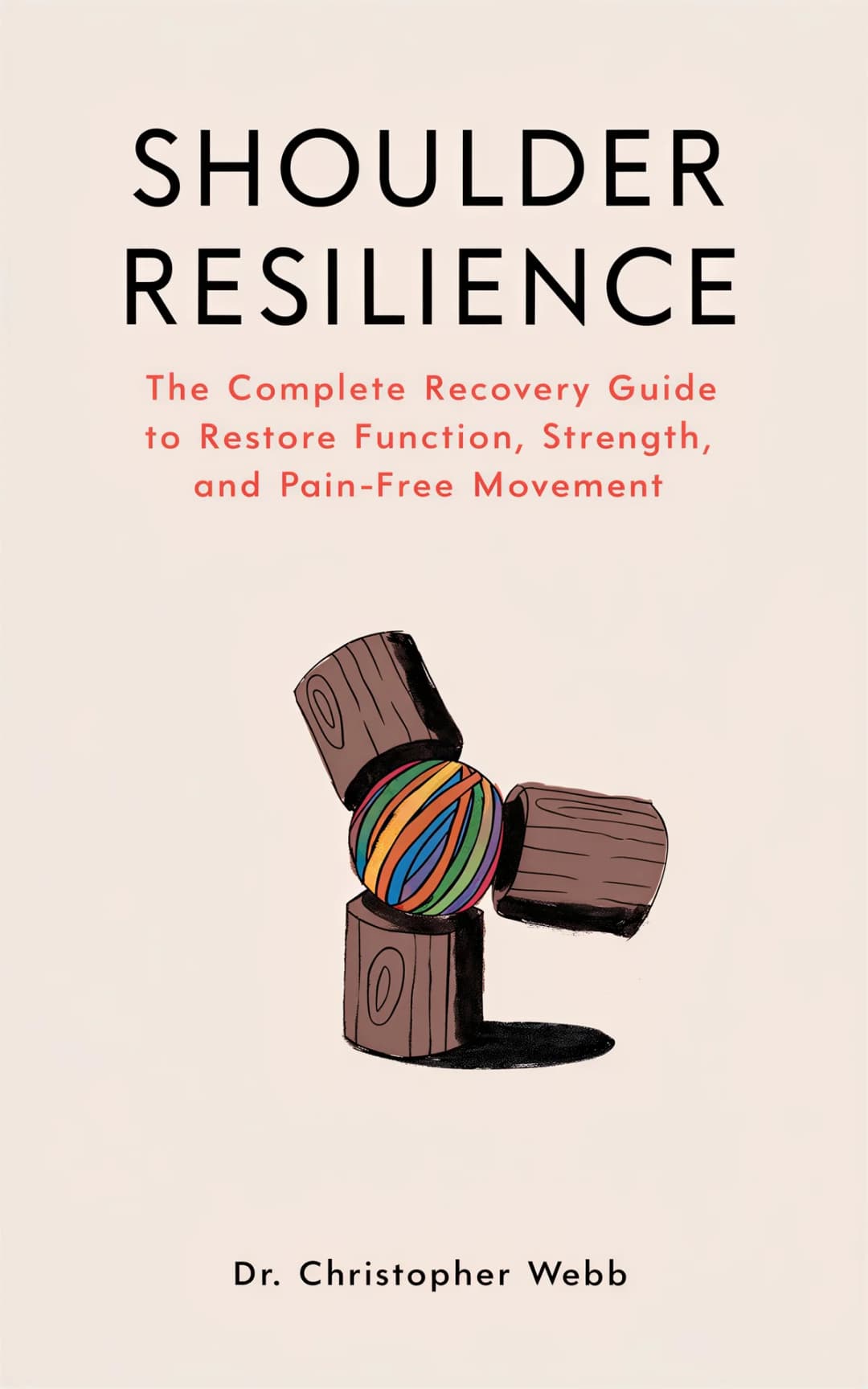 AI book cover generator health & fitness self-help illustrated: wooden shoulder joint with colorful layered sphere core representing resilience and recovery for "Shoulder Resilience".