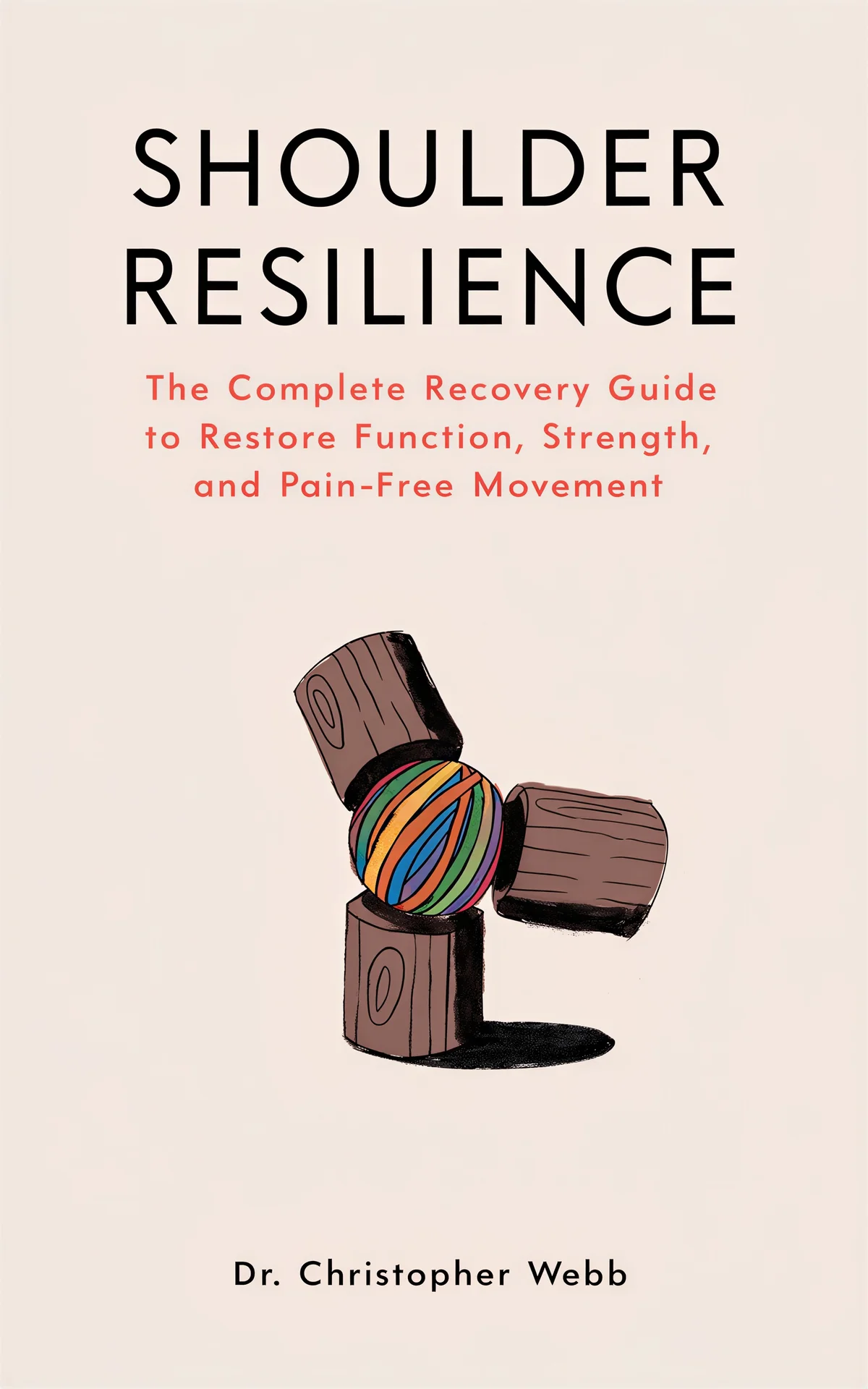 AI book cover generator health & fitness self-help illustrated: wooden shoulder joint with colorful layered sphere core representing resilience and recovery for "Shoulder Resilience".