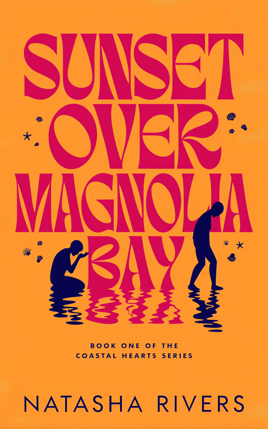 AI book cover generator romance big-type-tiny-figures: sunset orange background with pink typography and blue silhouettes of two figures reflected in water for "Sunset Over Magnolia Bay".